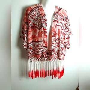 Bohemian Fringe Paisley Kimono Open Front Size XL Coral